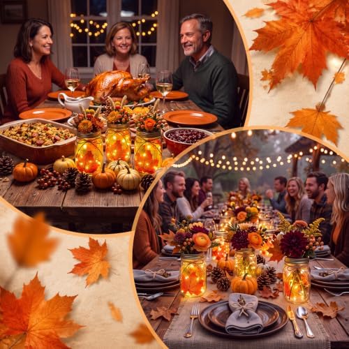 Blushtier 8 Sets Fall Table Centerpieces Thanksgiving Mason Jars Centerpiece Table Toppers Decor with LED Light Maple Leaf Autumn Gifts for Wedding Birthday Party Favors Supplies Home Office Decor - Image 6
