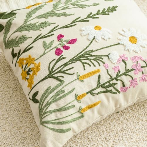 AVOIN colorlife Spring Summer Floral Daisy Embroidered Throw Pillow Covers, 14 x 36 Inch Beige Colorful Flowers Decor Tufted Patterned Linen Cushion Case for Sofa Couch Set of 2 - Image 5