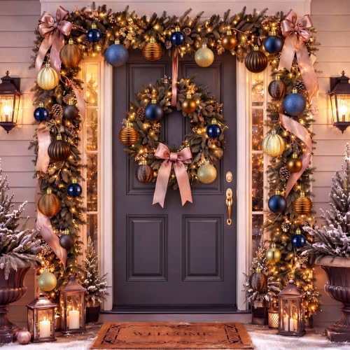 Lunmon 64 Pcs Christmas Ball Ornaments Navy Blue Gold Copper Brown Xmas Bulbs Ornaments 1.6/1.97/2.4 Inch Plastic Hanging Decoration Assorted Size Christmas Decorations for Home Tree Wreath Party - Image 2