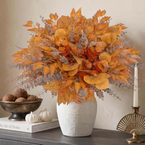 lovemoon 130 Pcs Fall Mixed Greenery Artificial Eucalyptus Stems, Orange - Image 5