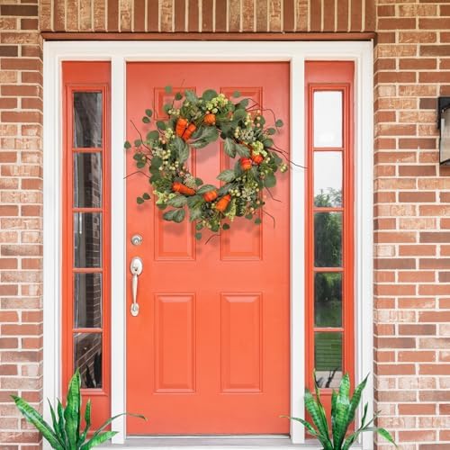 Spring Wreath Artificial Carrot Eucalyptus Wreath 22IN, Orange Green White, Spring Easter Summer Front Door Wall Decor - Image 4
