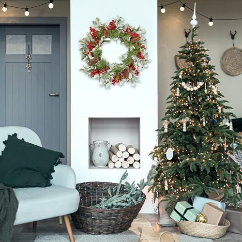 Sggvecsy 19 Inch Artificial Christmas Wreath for Front Door Flocked Lambs Ear Wreath with Red Berries Pine Needles Pinecones Christmas Decorations for Wall Outdoor Home Holiday Xmas Decor - Image 3