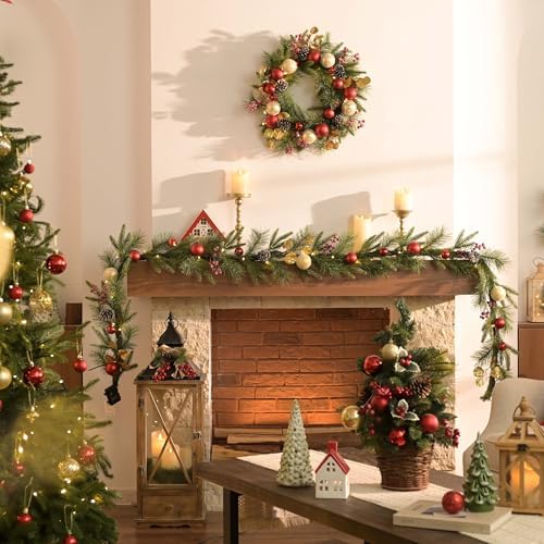 Valery Madelyn 9 Ft Christmas Garland with Lights for Mantle Red Gold - Image 2