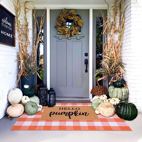 Orange and White Plaid Rug, 3' x 5' Fall Front Door Decor Mat, Cotton Washable Hand-Woven Door Mat for Layered Doormat, Autumn Halloween Thanksgiving Carpet for Porch, Entryway - Image 4