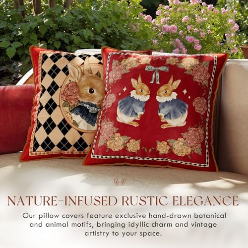 Vintage Christmas Pillow Cover 18x18, Floral Bunny - Image 2
