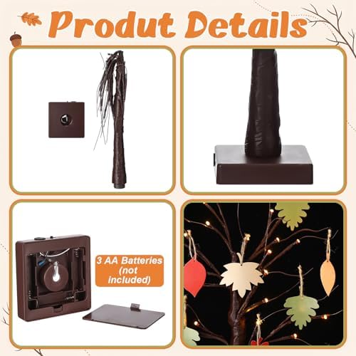 Briwooody 24'' Lighted Thanksgiving Gratitude Tree Kit, Brown Thanful Tree with 60 Leaves, Hemp Ropes & Pens, DIY Fall Decoration for Autumn Table Centerpiece Thanksgiving Gift (Battery Not Included) - Image 3