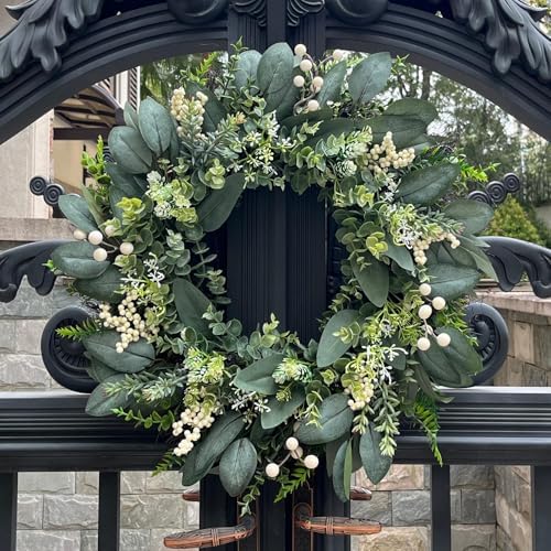 24 Inch Greenery Wreaths for Front Door – Artificial Eucalyptus Wreath with White Berries and Mixed Green Leaves, Year-Round Farmhouse Indoor Outdoor Door Wreath for Spring Summer Home Decor - Image 6