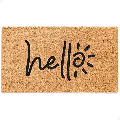 THEODORE MAGNUS Sunny Hello Natural Coir Doormat | 100% Coconut Fiber Entry Mat | Anti-Slip Backing | 17" x 30" by TheodoreMagnus