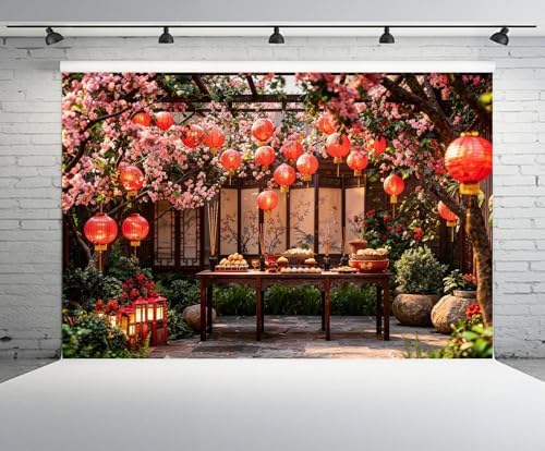 20x10ft Chinese New Year Backdrop for Photography Red Lantern Garden Altar Background for Lunar New Year Spring Festival Oriental Theme Event Decor Photo Studio Props - Image 2