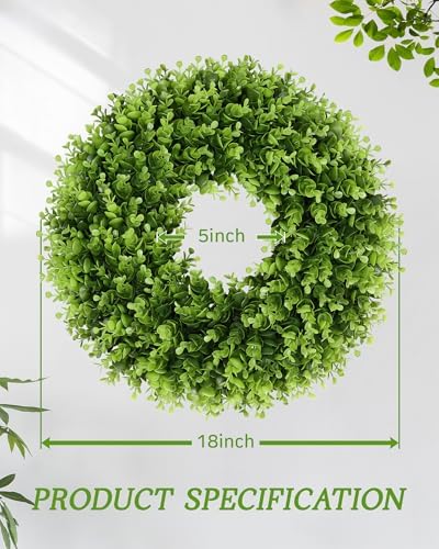 Vlorart 18'' Small Boxwood Wreaths for Front Door, Artificial Wreath with Green Bow for Front Door Wall Window Decor, Summer Fall Greenery for Thanksgiving Christmas Decorations Indoor Outdoor - Image 2