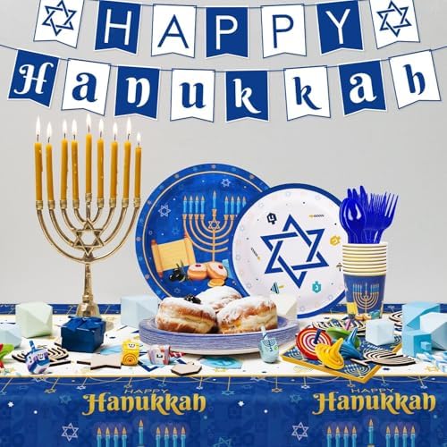178PCS Hanukkah Party Decoration Set - Menorah, Plates, Napkins, Cups, Banner, Tablecloth, Cutlery - Bulk Supplies for Hanukkah Festival Indoor/Outdoor - Image 6