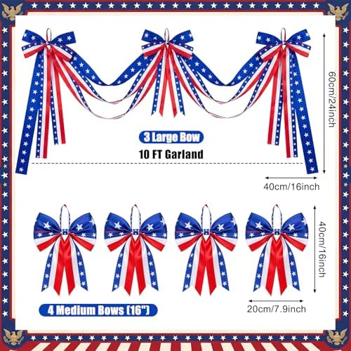Knitgrip 10ft Patriotic Red White and Blue Outdoor Decorations Bunting Bow Garland with 4th of July 4 Large Bows Patriotic Porch Decor American Flag 250th Banner for Independence Day Wall Stair - Image 2