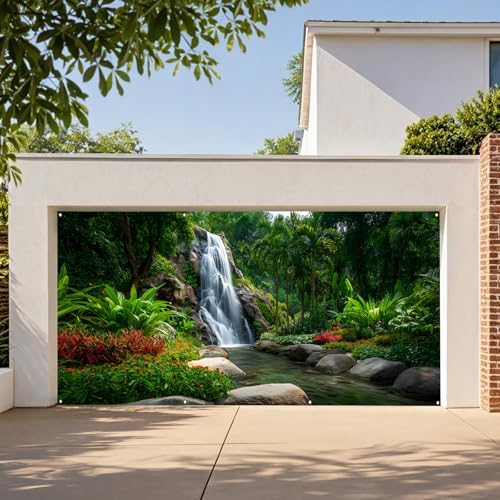 Waterfalls Garage Door Cover Banner, 6x13 ft Forest Scenery with River Landscape, Large Indoor/Outdoor Wall Decoration (Green Scenic Waterfall) - Image 3