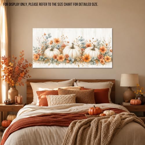 WAXWHELK Pumpkin Fall Canvas Wall Art, White Pumpkins and Orange Flowers Autumn Painting Pictures, Rustic Farmhouse Artwork for Living Room Bedroom Thanksgiving Home Decor (20"x40") - Image 4