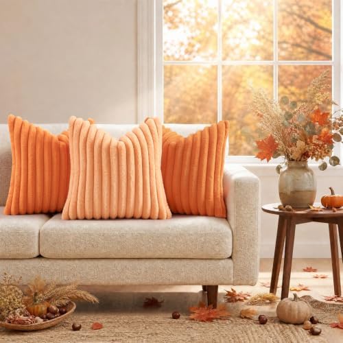 decorUhome Fall Faux Fur Throw Pillow Covers 22x22 Set of 2 Pumpkin Orange - Image 5