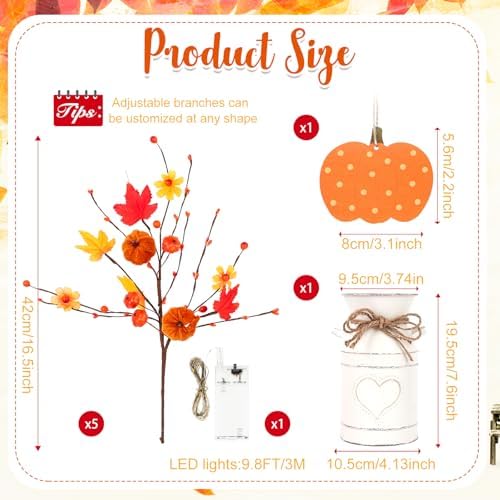 Thanksgiving Centerpieces for Tables Fall Table Decor 5 Pcs Artificial Pumpkins Maple Leaf Stems with Vase, String Lights and Wooden Sign Flowers Arrangements for Autumn Harvest Farmhouse Home Decor - Image 2