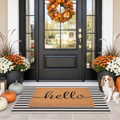 Front Door Mat Combo Set, Hello 100% Coco Coir Welcome Doormat + 28" x 43" Layered Buffalo Black and White Striped Rug, Spring Thanksgiving Porch Entryway Decor Indoor Outdoor Floor Mats - Image 5