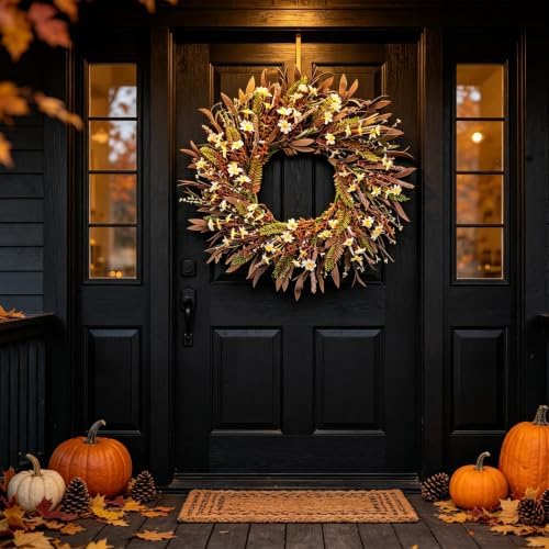 Handmade Autumn Harvest Wreath, 22" Fall Wreath with Faux Eucalyptus and Cream Berries, Thanksgiving Wreaths for Front Door Porch, Farmhouse Decor for Indoor Outdoor - Image 5