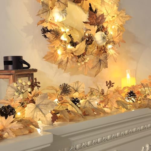 Realistic Fall Garland with Lights, 6 FT Real Touch Feel Leaves Garland with Berries Pine Cones, Fall Decorations for Home Thanksgiving Halloween Decorations Indoor Farmhouse Porch Fireplace - Image 4