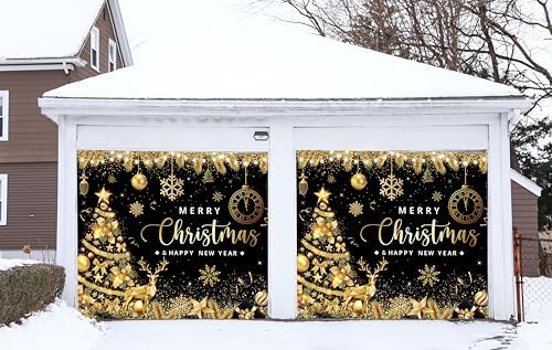 Black Gold Garage Door Christmas Cover Decorations: Xmas Tree Garage Door Cover Banner 7x8ft, Merry Christmas and Happy New Year Party Backdrop for Photography Large Christmas Background - Image 2