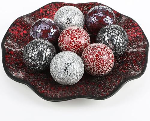 Suclain Centerpiece Bowl and Decorative Balls Set 8 Pcs Table Mosaic Plate with 2.4 Inch Glass Mosaic Orbs Glass Turquoise Tray and Spheres for Centerpiece Table Home Vases Decor (Red and Black) by Suclain