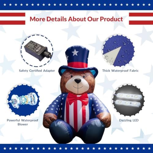 USA 250th Anniversary Patriotic Inflatable 5.6FT Bear with Bow for 4th of July, LED Blow Up Yard Decoration Outdoor Decor for 2026 Semicentennial Independence Day - Image 4