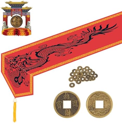 Beistle Asian-Themed Party Decoration Set – Authentic Good Luck Coins, Red Dragon Table Runner, and 3-D Gong Centerpiece, Chinese-Inspired Décor for Lunar New Year, Festivals & Cultural Celebrations by Beistle
