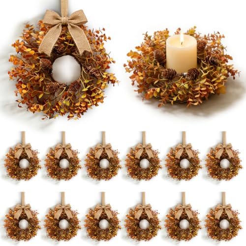 12 Pcs Small Fall Hanging Wreaths with Artificial Autumn Eucalyptus Leaves Natural Pine Cones Mini Cabinet Wreath for Home Table Centerpieces Kitchen Farmhouse Thanksgiving Party Decor by EYNDYN