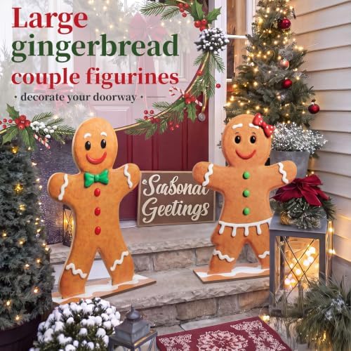 Sosation 2 Christmas Gingerbread Couple 24''porch Decor Standing Porch Sign - Image 4