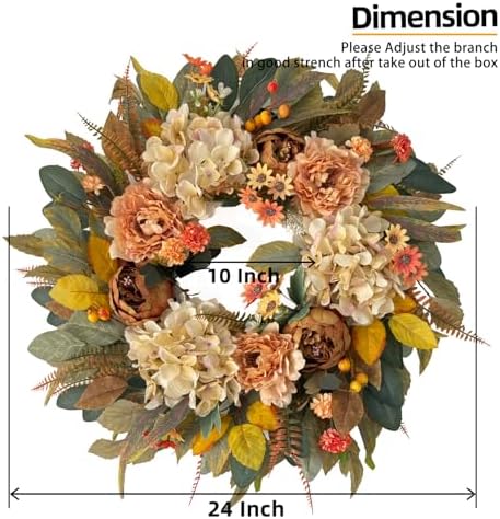 HipTree 24 Inch Fall Hydrangea Peony Wreath for Front Door - Image 3