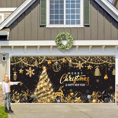 Tiamon Christmas Garage Door Cover Banner 7x16 ft Outdoor Xmas, Black Gold - Image 7