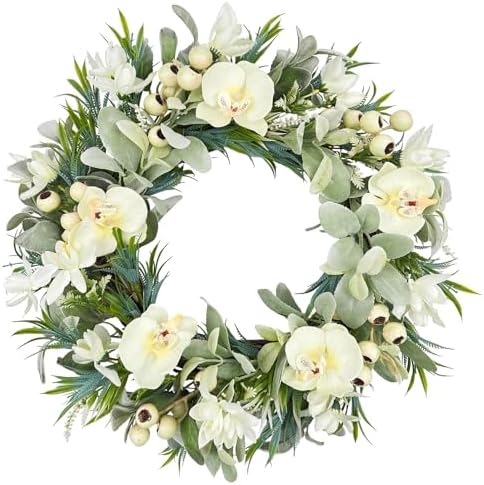 White Orchid Wreath for Front Door, 22 Inch Spring Summer Wreath with Soft Lamb's Ear and Cream Berries, Handcrafted Artificial Floral Wreath for Farmhouse, Indoor and Outdoor Year-Round Decor by wwmira