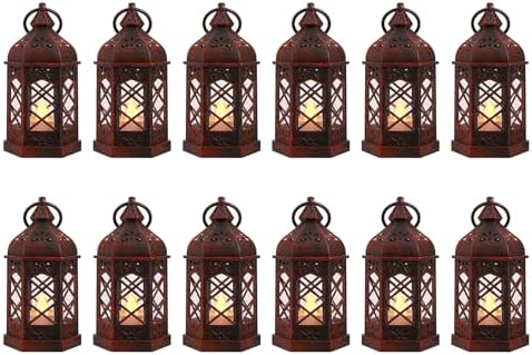12-Pack Mini Moroccan Lanterns with LED Candle for Ramadan, Wedding, Small Decorative Lanterns for Baby Shower & Table Centerpiece, Ornament, Western Cowboy Party Decor, Red Brushed by ReperlaSpecialMiniSmallLanternDecoration