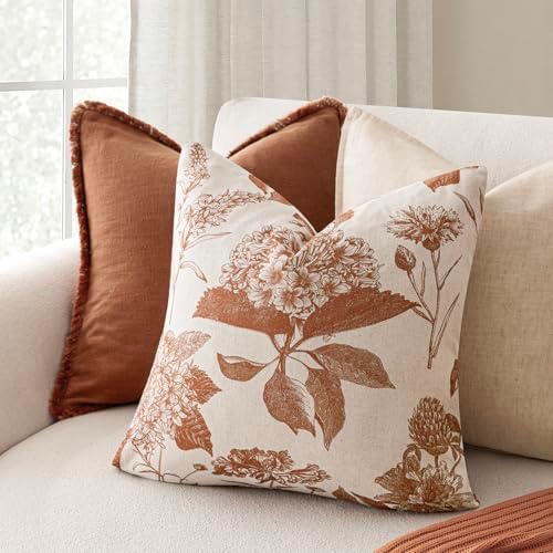 Foindtower Set of 2 Linen Floral Throw Pillow Covers Vintage Accent Print Decorative Cozy Cushion Covers Farmhouse Boho Home Decor for Sofa Chair Couch Bedroom Living Room,24×24 Inch,Autumn Orange - Image 4