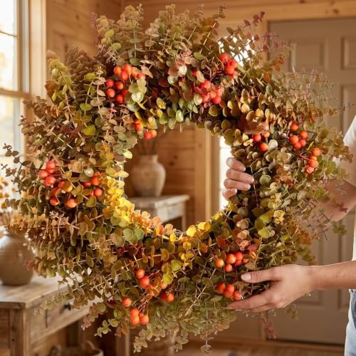26" Autumn Fall Eucalyptus Wreath, Front Door Burnt Orange Harvest Decor - Image 4