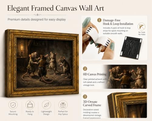 Gold Framed Dancing Rat Wall Art, Dark Academia Canvas Print, 24x16 - Image 2