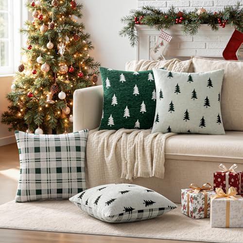 MIULEE Christmas Decorative Chenille Throw Pillow Covers, 20x20 Inch, White Dark Green Tree, Set of 2 Cute Trees with Plaid Patterns Pillows for Sofa Couch Bedroom Chair Xmas Home Decor - Image 3