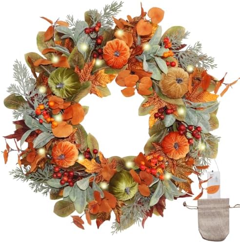 20 Inch Pre-Lit Pumpkin Fall Wreath for Front Door, 30 White LEDs by Unknown