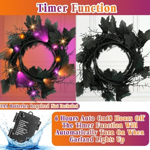 6 Ft 54 LED Willow Vine Twig Decor Black Garland Halloween with Orange Purple Lights -Battery Operated 8 Modes & Timer for Indoor Halloween Decorations - Image 3
