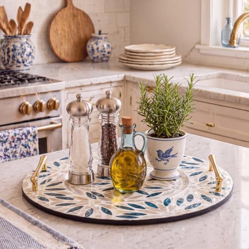 Mother of Pearl Decorative Tray with Metal Handle, Retro - Image 3