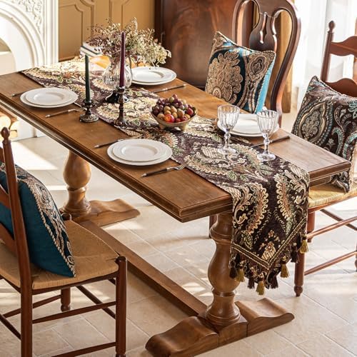 Floral Chenille Table Runner 90 Inches Non-Slip Tassels, Brown - Image 2