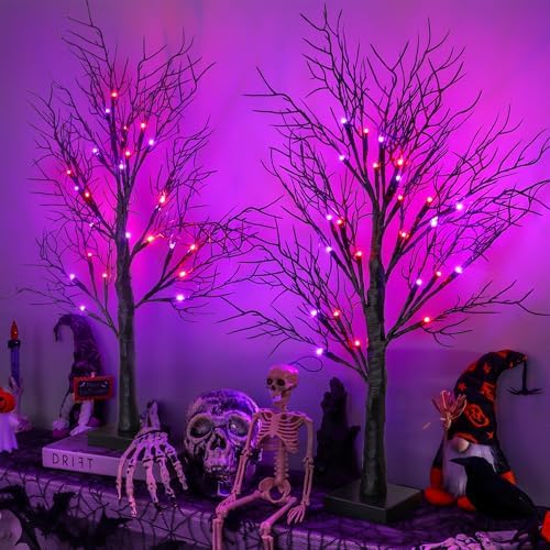 Halloween Decorations Indoor 2 Pack 24 Inch Black Halloween Tree with 48 Orange Purple Led Lights, Timer/USB/Battery Operated Lighted Tabletop Spooky Tree for Table Home Office Party Decor - Image 2