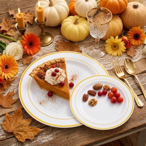 FLOWERCAT 60PCS Gold Plastic Plates - Heavy Duty White and Gold Plastic Plates Disposable for Fall Party/Wedding/Thanksgiving - Include 30PCS 10.25" Dinner Plates and 30PCS 7.5" Dessert Plates - Image 5