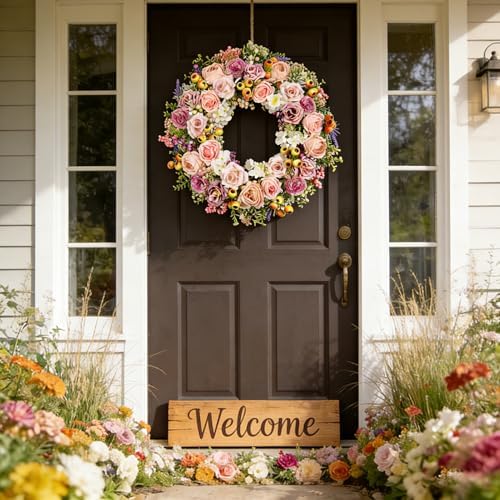 22 Inch Spring Summer Wreaths for Front Door, Vintage Pink Rose Floral Wreath with Pomegranate, Berries and Hydrangea, Lush Artificial Flowers Wreath for Home Decor, Easter - Image 5