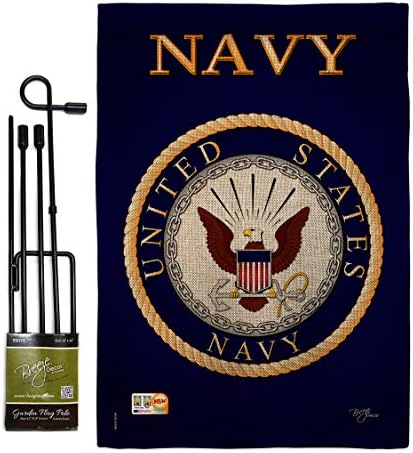 Navy Burlap Garden Flag - Set with Stand Armed Forces USN Seabee United State American Military Veteran Retire Official - House Decoration Banner Small Yard Gift Double-Sided Made in USA 13 X 18.5 by Breeze+Decor