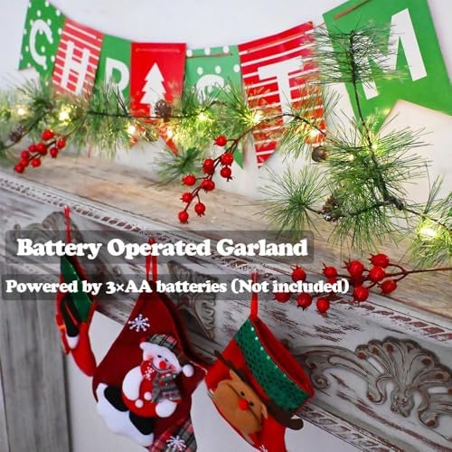 Christmas Garlands Lights 9.84FT 40 LED Smokey Pine Garlands with Lights Battery Operated Pine Cone Garland with Red Berry Bells Green Garland Christmas Decoration for Home Xmas Holiday Indoor Outdoor - Image 4