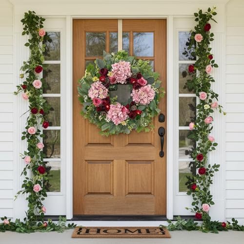 HipTree 24 Inch Spring Wreaths for Front Door with Hydrangeas Roses - Image 4