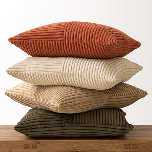 MIULEE Rust-Olive Green Decorative Throw Pillow Covers 18x18 Inch Set of 4 Boho Color-Clash Cushion Cases Farmhouse Pillow Cases Corduroy Striped Home Decor for Couch Sofa Living Room Bed - Image 6