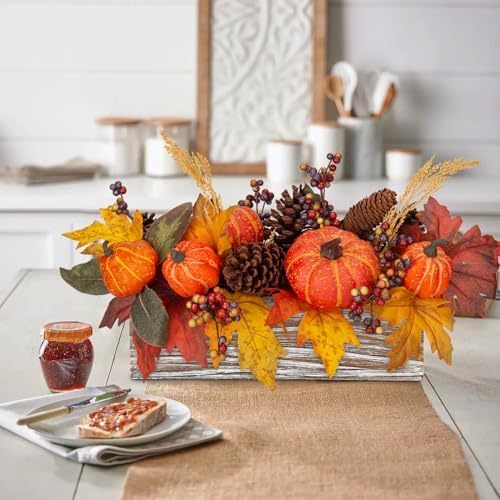 DILATATA Fall Decor Autumn Harvest Pumpkins Centerpiece - Artificial Maple Leaves, Berries and Pinecones Arrangement in Rectangle Wooden Box for Thanksgiving Party Mantel Fall Decor - Image 4