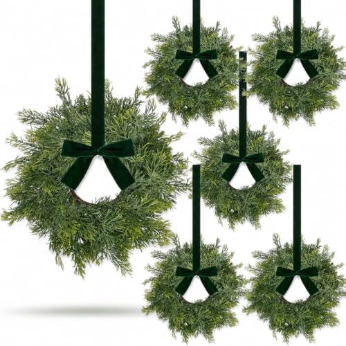 6 PCS Mini Real Touch Christmas Wreaths for Kitchen Cabinets Artificial Norfolk Lifelike Cedar Wreaths with Bow for Christmas Window Door Fireplace Chairs Wall Staircase Indoor Outdoor Home Decor by Unknown